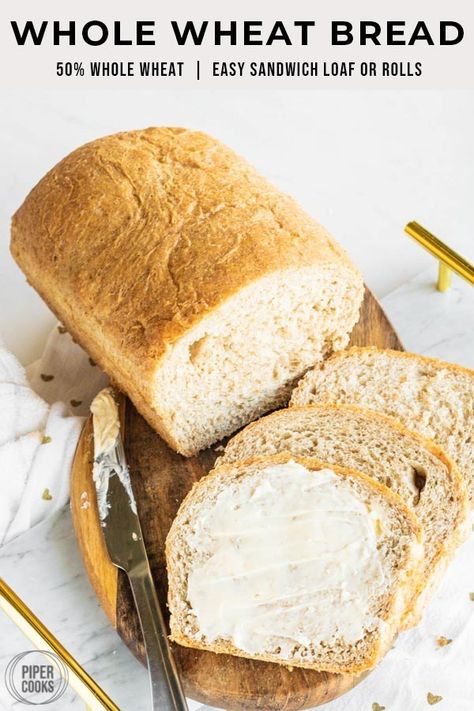 Half Wheat Half White Bread, Half Whole Wheat Bread Recipe, White Whole Wheat Bread Recipe, White Flour Bread Recipe, Fluffy White Bread Recipe, Easy Whole Wheat Bread, Whole Wheat Dinner Rolls, Sandwhich Bread, Basic White Bread Recipe