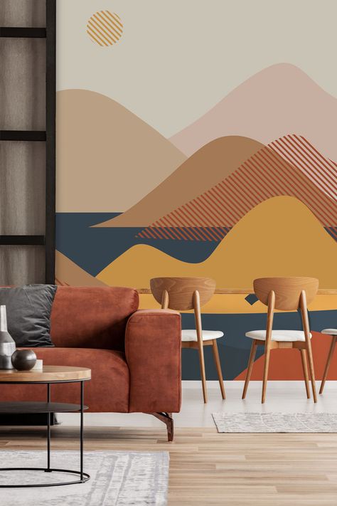 Landscape Mural Wallpaper, Ocean Mural, Geometric Wall Paint, Landscape Mural, Earth Tone Color Palette, Watercolor Mural, Mountain Mural, Interior Murals, Earth Tone Color