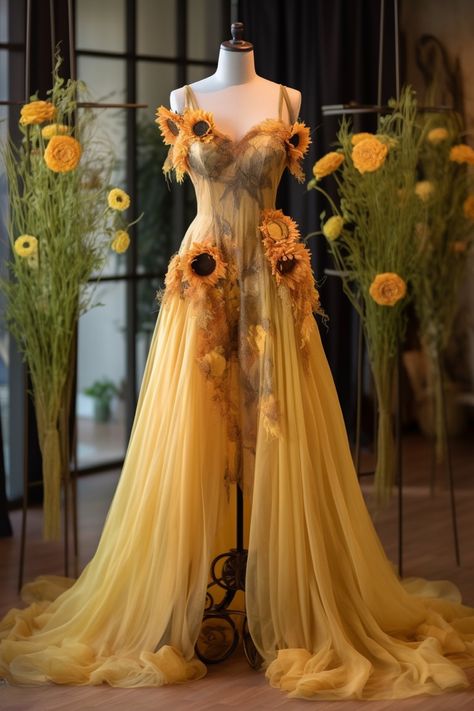 Sunflower Prom Dress, Prom Dress Sunflower, Sunflower Inspired Dress, Sunflower Inspired Outfit, Sun Inspired Dress, Sun Themed Fantasy Dress, Aesthetic Ballgown, Sun Themed Dress, Sunflower Gown