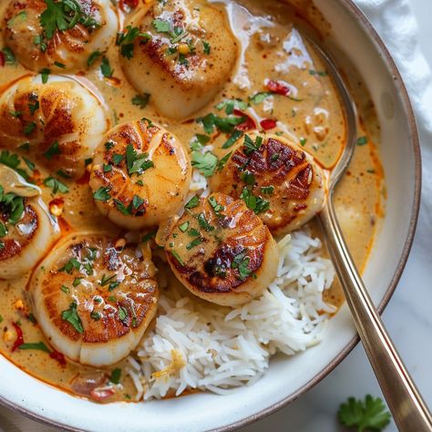 Spicy Coconut Curry Scallops - Easy DIY Recipes Spicy Coconut Curry Scallops, Coconut Curry Scallops, Dinner Recipes Scallops, Scallop Dinner Recipes, Curry Scallops Recipe, Sea Scallop Recipes, Easy Pescatarian Recipes, Healthy Coconut Curry, Muscles Recipe