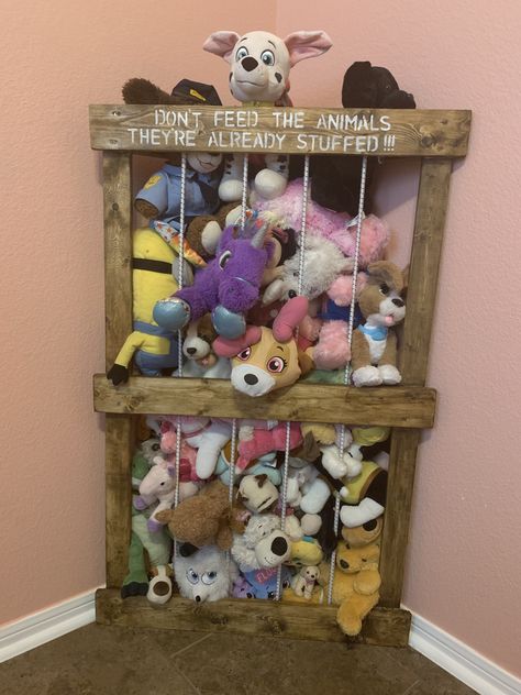 Corner Animal Zoo Diy, Stuffed Animal Cage Diy, Diy Stuff Animal Storage, Stuffed Animal Jail, Corner Stuffed Animal Zoo Diy, Wooden Stuffed Animal Cage, Teddy Zoo Storage Diy, Zoo Storage For Stuffed Animals, Unique Stuffed Animal Storage