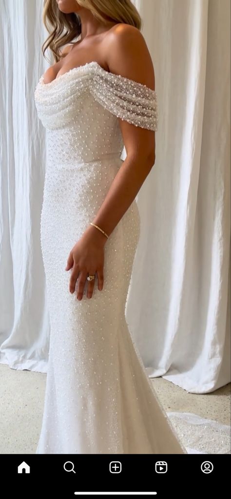 White Wedding Dress With Pearls, Satin V Neck Wedding Dress Fitted, Pearl Bridal Outfit, Pearly White Wedding Dress, White Prom Dress With Pearls, Alessia Wedding Dress, Pearl Trumpet Wedding Dress, Pearl Lined Wedding Dress, Silly Wedding Dress