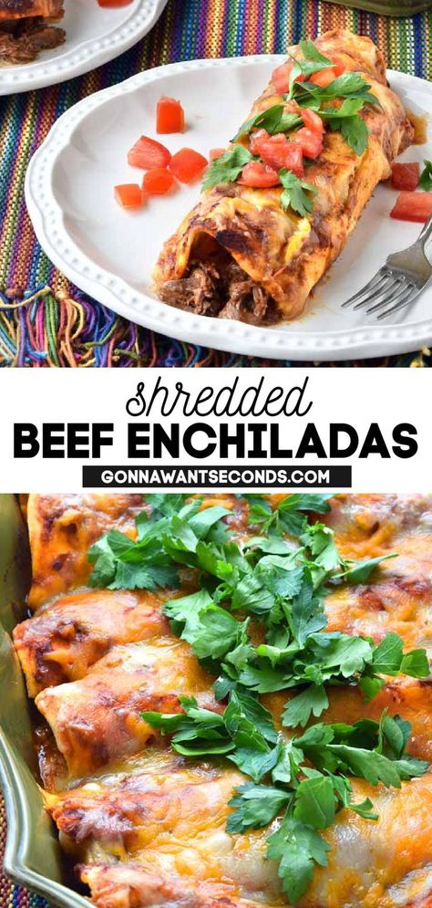 Roast Beef Enchiladas, Authentic Enchilada Sauce, Enchiladas Beef, Shredded Beef Enchiladas, Shredded Beef Recipes, Beef Enchilada Recipe, Latin American Recipes, Best Beef Recipes, Homemade Enchiladas