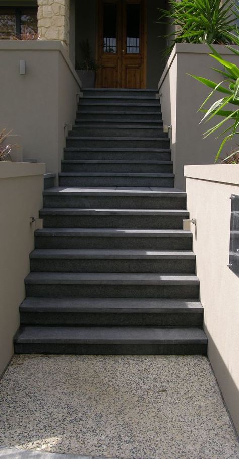 Charcoal Exfoliated Stair Treads & Risers Granite Stairs Outdoor, Granite Stairs, Stairs Outdoor, Treads And Risers, Concrete Stairs, Stair Steps, Stair Treads, Retaining Wall, Grey Stone