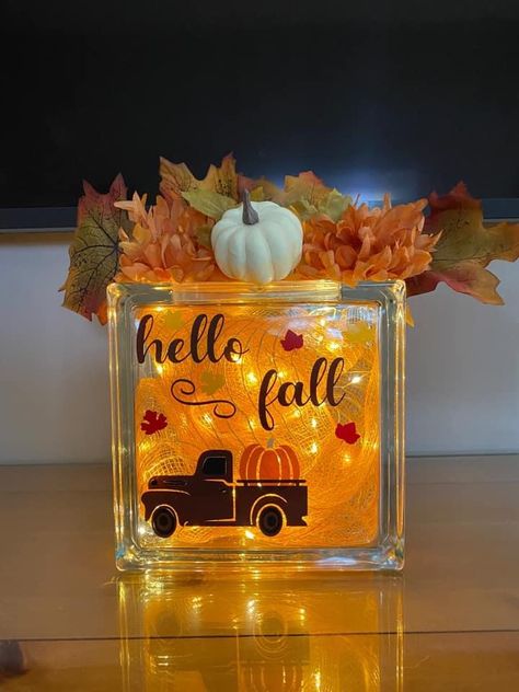 Fall Glass Block Ideas, Fall Glass Blocks, Fall Glass Blocks With Lights, Fall Shadow Box Ideas, Halloween Glass Blocks, Glass Block Ideas, Lighted Glass Blocks Diy, Bingo Prizes, Painted Glass Blocks