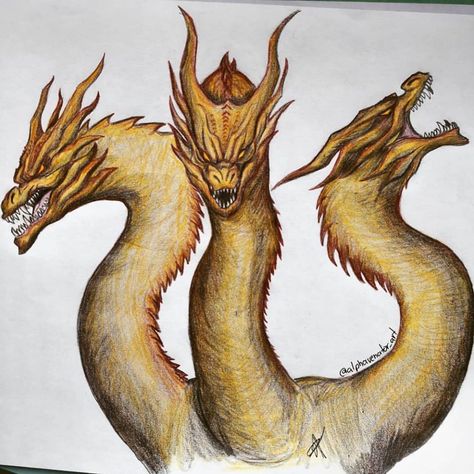 Godzilla King Ghidorah, Ghidorah Sketch, King Ghidorah Drawing, King Ghidorah Tattoo, King Ghidorah Art, Ghidorah Art, Drawing Godzilla, Dragon Place, Monster Zero