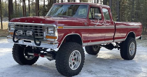 This is a 79 Ford is an extended cab, Supercab that has been restored by Brothers Classics. It's long bed pickup that was acquired eight years ago following a refurbishment that included a repaint in red as well as installation of a replacement 460 ci V8 crate engine, powder-coating the frame, a... 1990s Ford F150, Extended Cab Trucks, 90s Ford Trucks, F150 1995, 1978 F150 4x4, 73-79 Ford Trucks, Truck Accessories Ford, Pickup Truck Accessories, 1979 Ford Truck