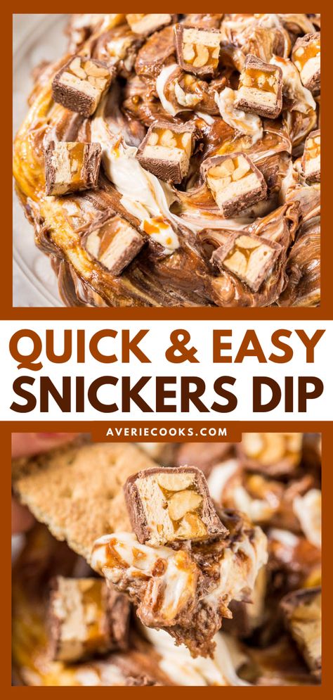 Snickers Dip - Averie Cooks Cream Cheese Candy, Snickers Dip, Snickers Dessert, Snickers Recipe, Dip With Cream Cheese, Dessert Dip Recipes, Snickers Cheesecake, Snickers Candy, Dessert Dip