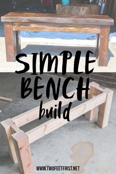 Are you looking for a simple way to build a cheap wooden bench? Here is a DIY tutorial on how to build a wood bench using a Kreg Jig. #twofeetfirst Wooden Bench Diy, Simple Bench, Diy Wood Bench, Simple Benches, Kitchen Table Bench, Diy Bench Outdoor, Woodworking Furniture Plans, Diy Bench, Diy Furniture Easy