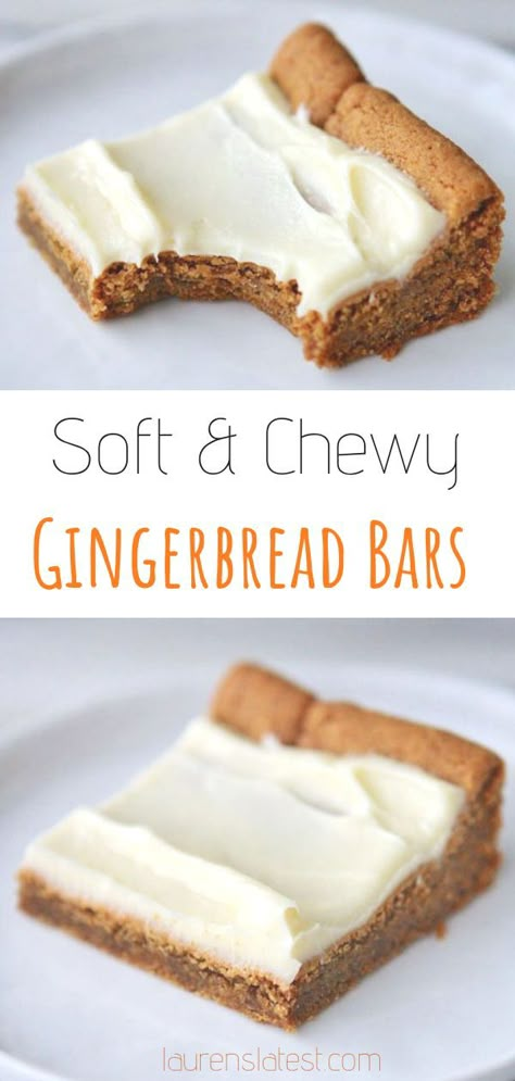 These easy gingerbread bars are my favorite treat to make because they are seriously super soft and chewy, plus the cream cheese frosting is simply *amazing* with the ginger cookie base! Your family will love these! #holidaydesserts, #treats Gingerbread Squares With Cream Cheese Icing, Ginger Bars Recipes, Christmas Baking With Cream Cheese, Chewy Gingerbread Bars, Gingerbread Bars With Cream Cheese Icing, Ginger Squares, Gingerbread Squares, Gingerbread Bars, Bars With Cream Cheese Frosting