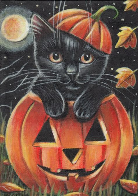 Halloween Pics, Pumpkin Drawing, Labu Halloween, Halloween Pumpkins Painted, Black Cat Art, A Black Cat, Halloween Painting, Halloween Drawings, Black Kitten