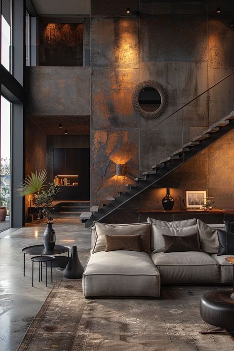 Concrete Industrial Interior, Polished Concrete Floor Living Room, Industrial Minimalist House, Dark Concrete Floors, Dark Industrial Interior, Concrete Floor Living Room, Concrete Home Interior, Hipstoric Home, Dramatic Staircase