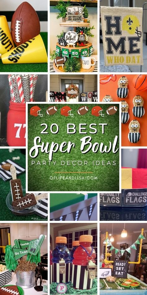 20 Fun and Simple Super Bowl Party Decor Ideas - Of Life and Lisa Super Bowl Table Decor, Superbowl Party 2024, Work Super Bowl Party Ideas, Super Bowl House Warming, Superbowl Party Centerpieces, Superbowl Party Backdrop, Easy Super Bowl Decorations, Super Bowl Set Up, Superbowl Party Table Decor