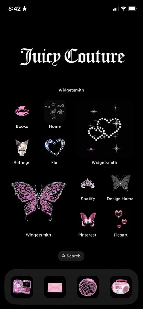 Juicy Couture Widgets, Mcbling Ios Homescreen, 2000s Iphone Layout, Black And Pink Homescreen Layout, Widgetsmith Layout, Y2k Home Screen, 2000s Homescreen, Y2k Phone Layout, Baddie Phone Layout