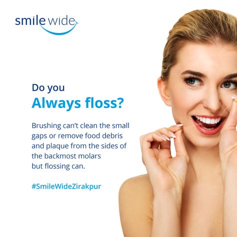 Do you always floss?  Brushing can’t clean the small gaps or remove food debris and plaque from the sides of the backmost molars but flossing can.  Here are the type of floss you can ask for or available in Chemist shops near by you: https://goo.gl/nEr6Xy  For regular updates follow our dental awareness campaign   #SmileWideZirakpur on social media.  Follow us:  Facebook: https://goo.gl/tj49HF Instagram: https://goo.gl/sYC36N Instagram: https://goo.gl/2thdau Google Plus: https://goo.gl/uVpDkA  W Dental Awareness, Awareness Campaign, Brushing, Media Design, Social Media Design, Social Media, Media, Quick Saves, Instagram