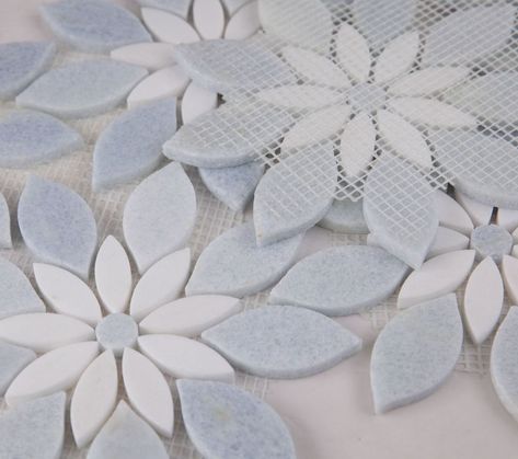 Daisy Bloom Ocean 11.75 x 13.25 | Elysium Tiles Marble Daisy Mosaic Tile, Blue Basket Weave Tile, Floral Mosaic Pattern, White And Blue Bathroom, Daisy Tile, Light Blue Tile, Blue Bathrooms, Flowers Mosaic, Pure White Marble