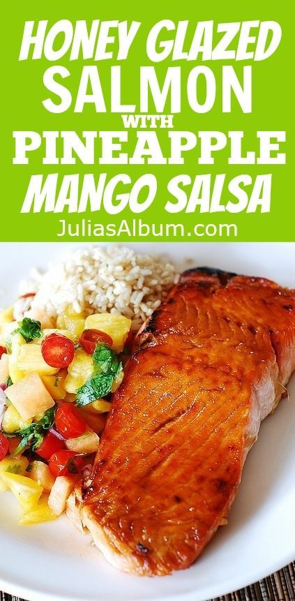 Honey Glazed Broiled salmon with pineapple mango salsa and rice. Baked Coconut Rice, Salmon With Pineapple, Salmon With Mango Salsa, Mango Salmon, Pineapple Mango Salsa, Salmon With Mango, Mango Salsa Salmon, Baked Coconut, Honey Glazed Salmon