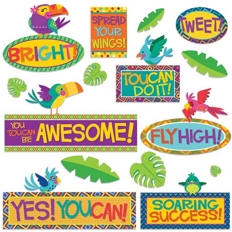 You Can Toucan Motivational Mini #Bulletin Board Set | Eureka School  #backtoschool #classroomdecor #tropicalclassroom Bird Bulletin Boards, Calendar Bulletin Boards, Reading Bulletin Boards, Creative Teaching Press, Leaf Cutout, Bulletin Board Sets, Motivational Sayings, School Bulletin Boards, Positive Behavior