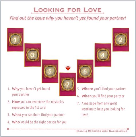 【Are you looking for love?】Often, personal issues affect your ability to establish loving relationships. This spread was designed to help you overcome the personal issues or blocks that need to be addressed. If you’re looking for love, let me assist you! Please click the image to visit my website and check my reading options💗 #angelcards #oraclecards #lovereading #tarot #spread #emailreading #healingreading Spreads Tarot, Love Tarot Spread, Tarot Card Layouts, Oracle Card Spreads, Kartu Tarot, Relationship Tarot, Tarot Reading Spreads, Tarot Interpretation, Loving Relationships