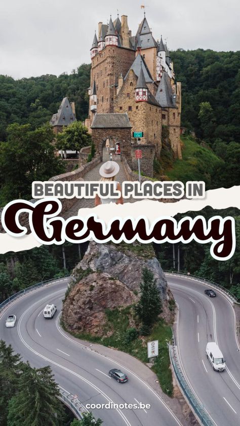 Our pin cover for our guide to 10 Unique Places to visit in Germany with on top Sarah standing on front of Burg Eltz and at the bottom a 180 degrees curve in a road around a huge rock. Places To Visit In Germany, Interesting Architecture, Unique Places, Fairytale Castle, Green Lake, Unique Hotels, Beautiful Places To Visit, Germany Travel, Most Beautiful Places