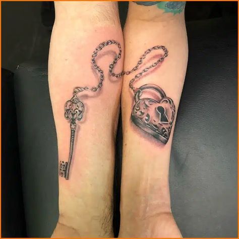 100+ Best Lock and Key Tattoos: Unlocking the Secrets Behind This Popular Tattoo Design Couple Tattoos Key And Lock, Heart And Key Tattoo For Couples, Key And Lock Tattoo Couple, Lock And Key Tattoo Couple, Matching Couple Tattoos Quotes, Lock Key Tattoos, Couple Tats, Him And Her Tattoos, Couple Tattoos Love