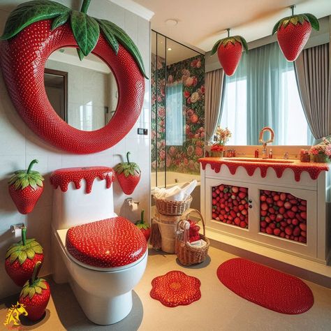 Strawberry-Inspired Bathroom Strawberry Bathroom, Kitsch Decor, Burst Of Color, Maximalist Home, Chill Room, Future Apartment Decor, Home Makeover, Apartment Essentials, Future Apartment