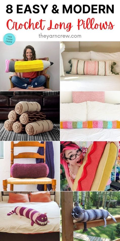 8 Easy & Modern Long Pillow Crochet Patterns. Easy & Modern Long Pillow Crochet Patterns curated by The Yarn Crew. Crochet Long Pillow Pattern, Jumbo Yarn Crochet Pillow Pattern, Big Fat Yarn Crochet Pillow, Rectangle Pillow Crochet Pattern, Crochet Cylinder Pillow, Giant Pencil, Bernat Softee Chunky, Crochet Bodies, Cat Body