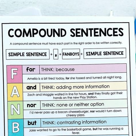 Elizabeth Ingram on Instagram: "Reference sheets for skills that are difficult to remember are so helpful. No matter how many times students are taught compound sentence structure, there are always going to be times when they need to see an example. I’ll link this resource in my bio!" Compound Sentence, Sentence Anchor Chart, Simple And Compound Sentences, Compound Sentences, Sentence Examples, Grammar And Punctuation, Simple Sentences, Sentence Structure, Waiting In Line