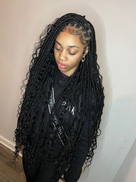 Medium Knotless Braids With Boho Curls, Hobo Knotless Braids, Goddess Braids Knotless Medium, Black Bohemian Knotless Braids, Knotless With Curly Pieces, Black And Brown Bohemian Knotless Braids, Bohomeian Knotless, Small Boho Knotless Braids Extra Curls, Boho Knotless Braids Small Medium