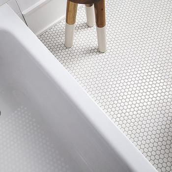 Dip Dyed Stool in White Penny Tiles - Transitional - Bathroom White Penny Round Tile Bathroom Floor, White Penny Tile Grey Grout, White Penny Tile Bathroom, Light Gray Grout, Penny Tile Shower Floor, Penny Round Tile Bathroom, White Penny Tile, Penny Tile Floor, Penny Tile Bathroom Floor