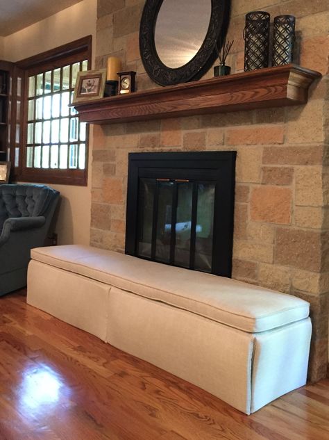 Custom designed for childproofing the fireplace hearth. Exquisite quality in a variety of colors and fabrics. Hearth Cushion, Baby Proof Fireplace, Prefab Fireplace, Wall Tiles Living Room, Small Basement Remodeling, Tiles Living Room, Tv Over Fireplace, Fireplace Seating, Fireplace Hearth