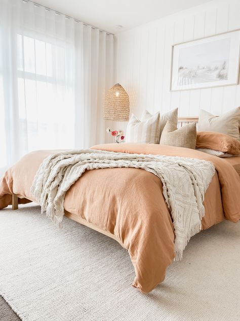 Palm Net Pendant Light Shades Peach Room Aesthetic, Light Orange Bedroom, Airbnb Styling, Australian Bedroom, Gingham Sheets, Australian Desert, Bedding Luxury, Coral Decor, Quilt Covers