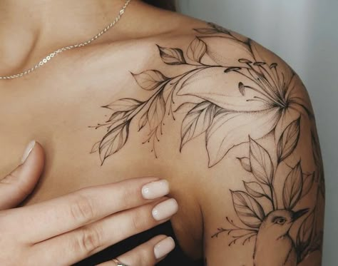 Giant Tattoo, Feminine Shoulder Tattoos, Shoulder Cap Tattoo, Shoulder Sleeve Tattoos, Mastectomy Tattoo, Floral Tattoo Shoulder, Small Girly Tattoos, Hip Tattoos Women, Flower Tattoo Shoulder