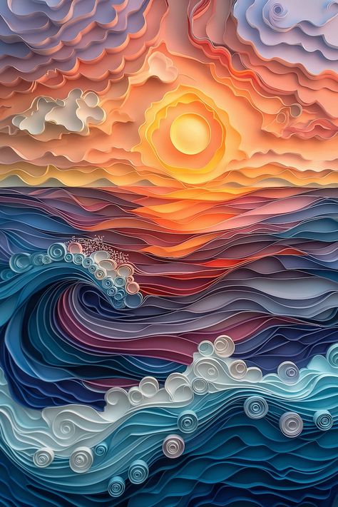 Four Paper Quilling Ocean Sunset Paintings, Paper Quilling, Ocean, Sunset, Wall Decor, Wall Art, Wall Painting, Poster, 24 by 36 Inches - Etsy Ukraine Quilling Ocean, Paper Illusions, Paper Origami Flowers, Sunset Paintings, Sunset Wall Decor, Arte Quilling, Art Wall Painting, Paper Art Sculpture, Easy Mandala Drawing