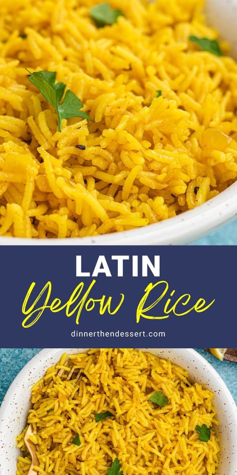 Latin Yellow Rice is a tasty Spanish rice recipe with turmeric for its bright yellow color. A perfect side dish for Latin American dishes! Mexican Yellow Rice, Spanish Side Dishes, Rice With Tomatoes, Tasty Rice Recipes, Yellow Rice Recipes, Spanish Rice Recipe, Rice Side Dish Recipes, South American Recipes, Turmeric Recipes