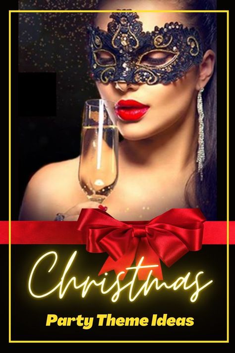 Beautiful lady wearing black masquerade mask, sipping champagne. Christmas Party Theme Ideas, Christmas Masquerade Party, Christmas Karaoke, Christmas Movie Marathon, Christmas Party Theme, Christmas Masquerade, Party Theme Ideas, Budget Party, Holiday Party Themes