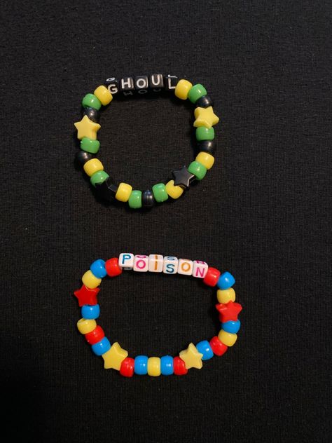 Party Poison And Fun Ghoul, Party Poison X Fun Ghoul, Mcr Kandi Bracelets, Kandi Inspiration Pony Beads, Words To Put On Kandi, Mcr Bracelet Ideas, Fun Ghoul Mcr, Weird Bracelets, Horror Kandi