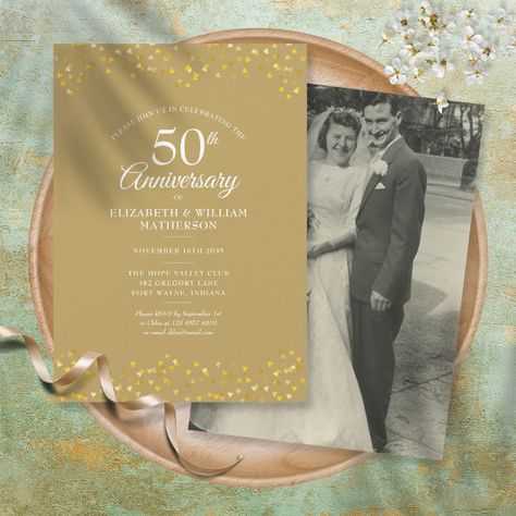 50th Wedding Anniversary Chic Gold Confetti Photo Invitation Confetti Photos, Wedding Script, Script Text, Heart Confetti, Golden Wedding Anniversary, Photo Gold, Wedding Anniversary Invitations, Golden Anniversary, Anniversary Invitations