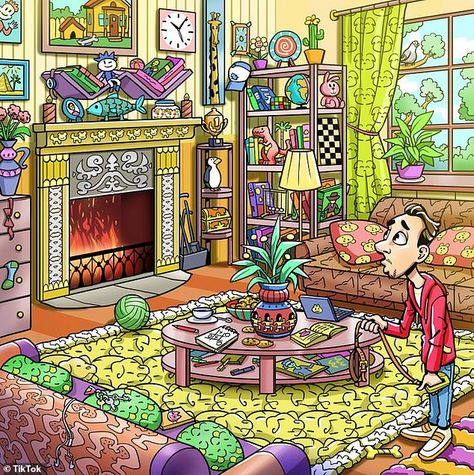 School Magazine Ideas, Dog Living Room, Spot The Dog, Alice In Wonderland Cartoon, Hidden Object Puzzles, Find The Hidden Objects, Colorful Room, Can You Find It, Spotted Dog