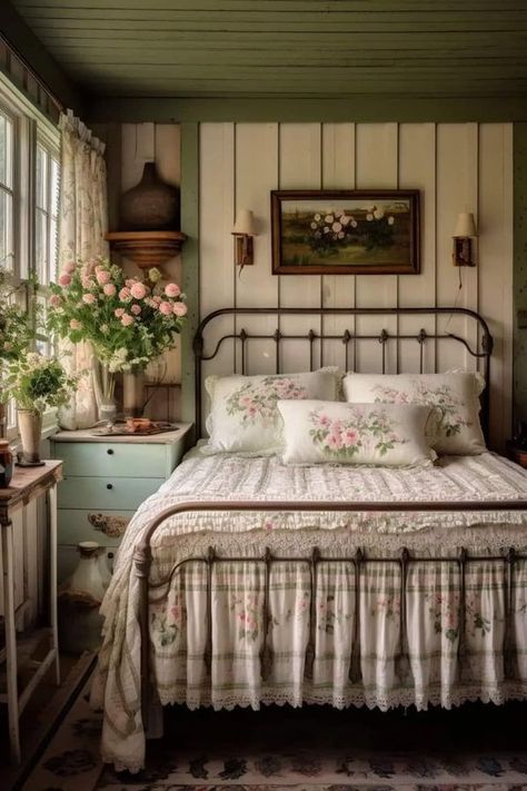 Shabby Chic, Vintage | Lovely 😍 | Facebook Vintage Cottagecore Bedroom, Floral Patterns Vintage, Cottagecore Bedroom Ideas, Cottage Core Bedroom, Granny Chic Decor, Shabby Bedroom, Cottagecore Bedroom, Beachy Bedroom, Cosy Interior