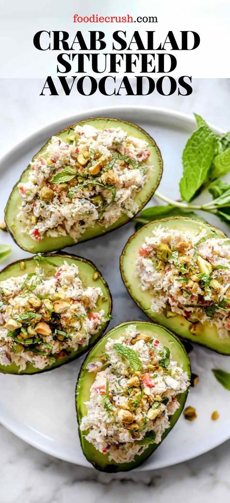 Avocado Crab Salad Recipe, Crab Guacamole Recipe, Crab Stuffed Avacodo, Crab Avocado Toast, Crab Stuffed Avocado Recipes, Crab And Avocado Recipes, Crab Healthy Recipes, Crab And Avocado Salad, Vegan Crab Salad