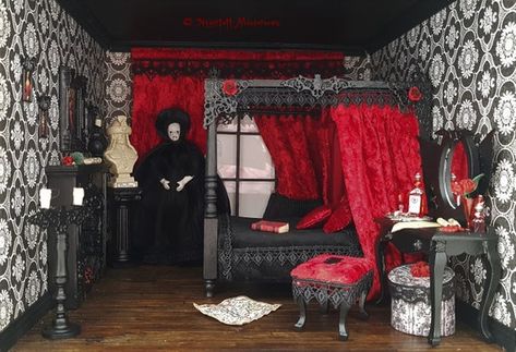 Vampire Bedroom, Vampire Room, Bedroom Diorama, Vampire House, Haunted House Diy, Box Diorama, Witch Room, Haunted Dollhouse, Halloween Miniatures