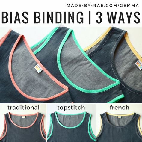 This is the third and final tutorial in my bias binding series. Many of my women’s sewing patterns, including the Gemma tank shown in this post, use bias binding to finish the neckline and armholes. There are so many ways to attach bias binding! Here are the methods I have shared so far: Traditional Method – my preferred technique and found in the sewing instructionsRead more... Binding Tutorial, Diy Vetement, Beginner Sewing Projects Easy, Bias Binding, Leftover Fabric, Sewing Blogs, Bias Tape, Sewing Projects For Beginners, Sewing Skills