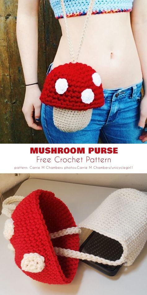 Nerdy Crochet Patterns Free, Mushroom Purse, Mushroom Patterns, Nerdy Crochet, Pola Macrame, Whimsical Woodland, Crochet Mushroom, Scrap Yarn, Fest Outfits