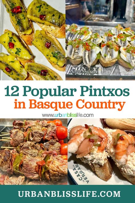 Pintxos are small bites popular in Basque Country. Usually served ready to eat at the bar, here are 12 of the best pintxos we found in San Sebastian and Bilbao, Spain. Read more at UrbanBlissLife.com. Basque Pintxos Recipes, Basque Appetizers, Pinxtos Spanish Recipes, Honey Bourbon Meatballs, Banana Crumb Coffee Cake, Pintxos Recipes, Basque Recipes, Bourbon Meatballs, Basque Food