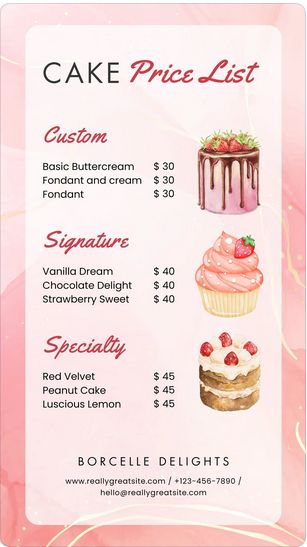 Pink Marble Bakery Price List Canva Template Cake Price List Design Templates Free, Cake Price List Design, Cake Menu Design Ideas, Cake Price List, Cake Pricing Chart, Bakery Price List, Cake Pricing Guide, Baking Stickers, Bakery Business Plan