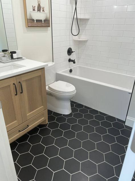 Hexagon Tile Bathroom Floor, Black Bathroom Floor, Hexagon Tile Bathroom, Small Bathroom Tiles, Guest Bathroom Remodel, Full Bathroom Remodel, Small Bathroom Renovations, Bathroom Decorating Ideas, Luxury Bathrooms