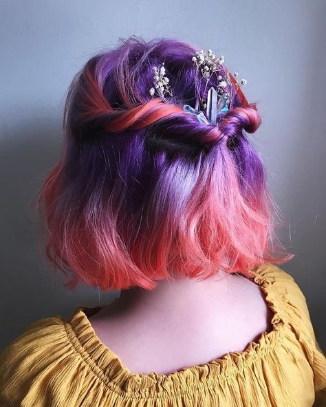 Arctic Fox Hair Color on Instagram: “We love that @_theopaque_ adds a little extra magic to her gorgeous color melt with some crystals! 🔮 To get a similar vibe, start at the…” Purple And Peach Hair, Short Vivid Hair, Fantasy Hair Color Short, Fairy Hair Short, Short Colored Hair, Color Melt, Love Magic, Dyed Hair Inspiration, Beautiful Hair Color