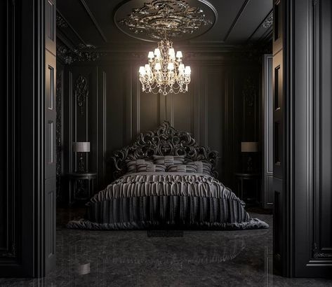 Fancy Bedroom Luxury Dark, Dark Elegant Bedroom, Fancy Bedroom, Luxury Mansions Interior, Gothic Bedroom, Modern Minimalist Bedroom, Goth Home Decor, Black Bedroom, Dark Interiors