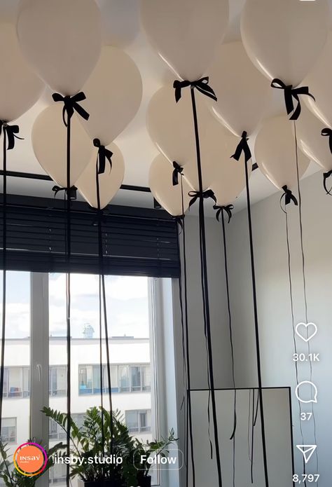 White Balloons Ceiling, Black Wedding Balloons, Balloons Table Centerpieces, Coquette Black And White Party, White Balloons With Bows, 30th Surprise Party Ideas For Her, Black Ribbon Birthday Theme, White Balloons With Black Ribbon, Black Bow Party Decorations